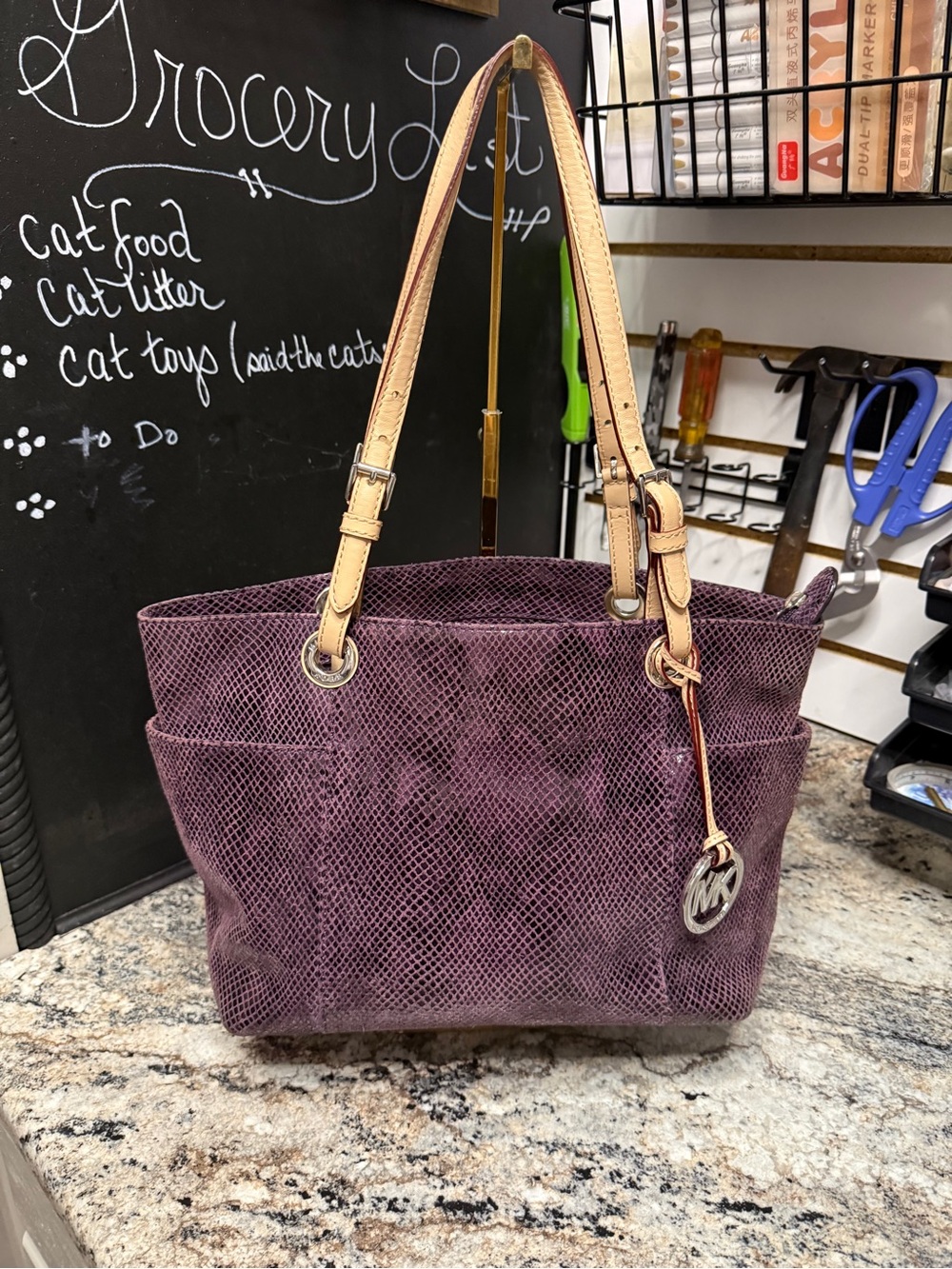 Michael Kors Purple leather python embossed Tote with Tan Leather Handles